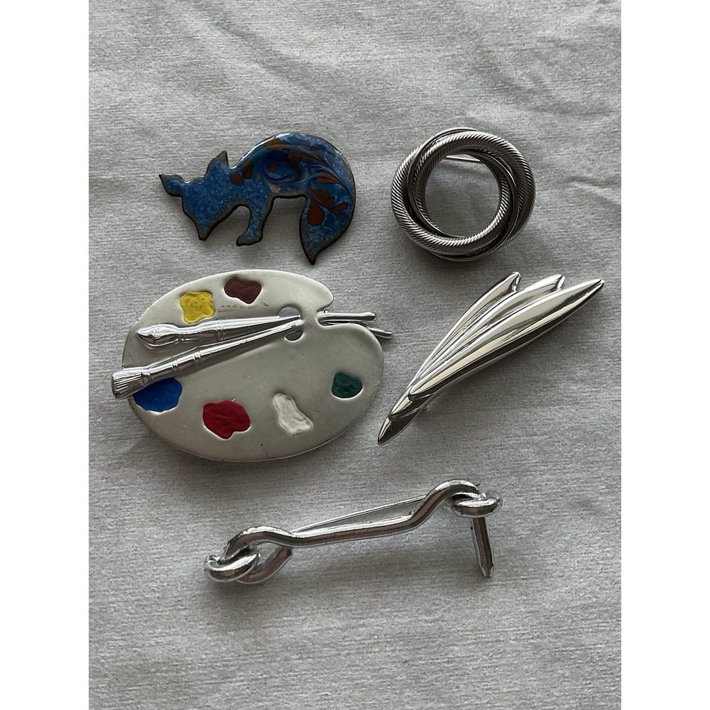 Vintage To Modern Brooch Lot Of 5 Artist Pallet Enamel Some Signed Estate Jewelr